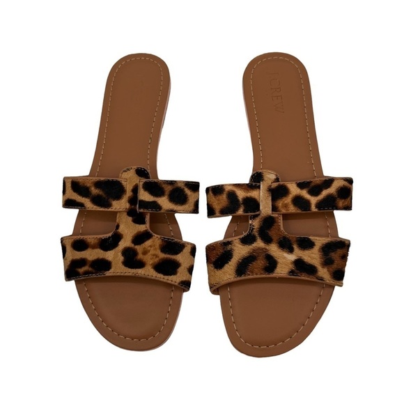 J. Crew Brown Leopard Print Calf Hair Slide Sandals Size 7 Women's - Picture 2 of 9